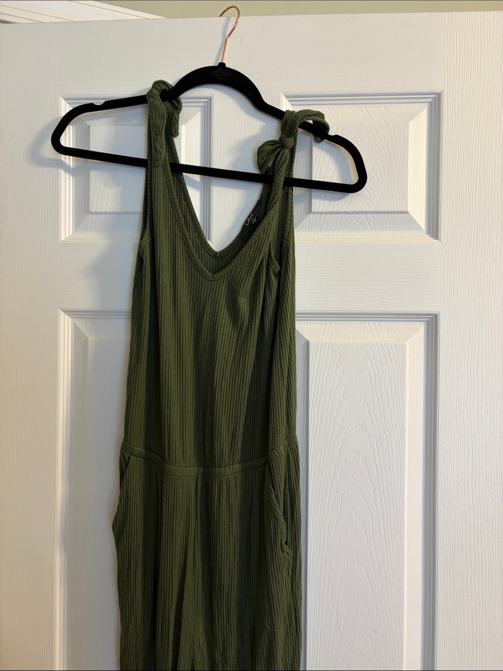 Lulu's Olive Green Ribbed Tie-Shoulder Jumpsuit